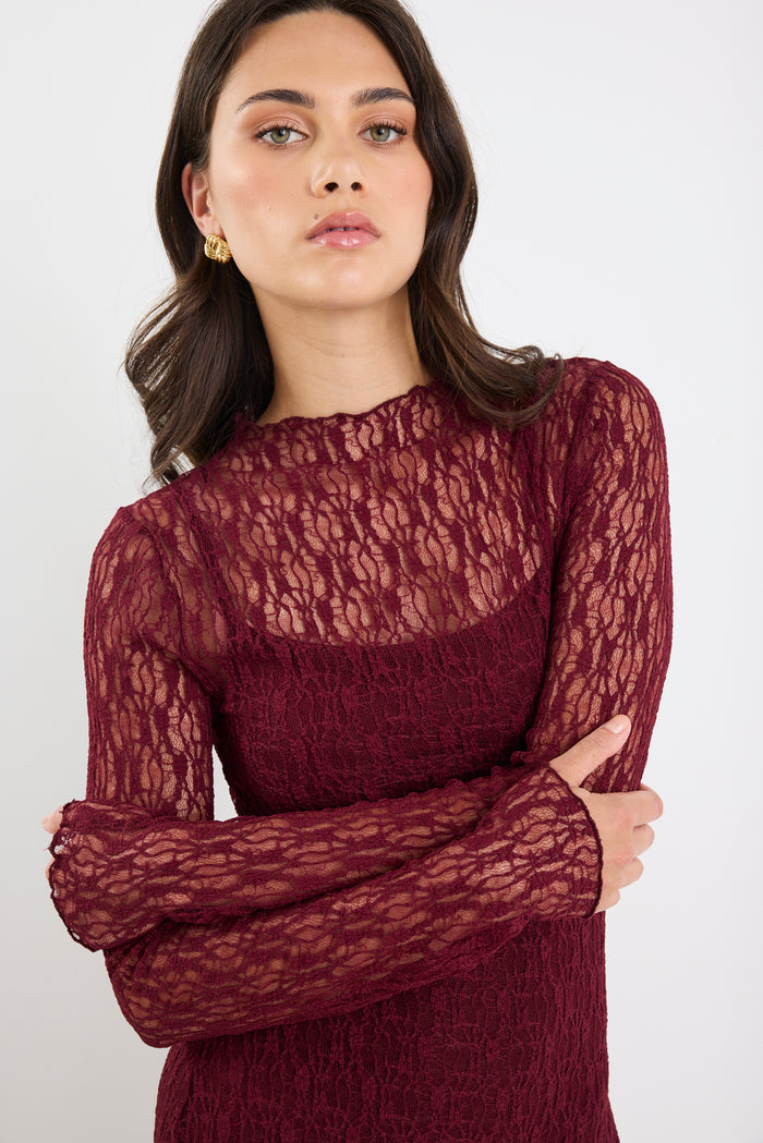 Keepsake Burgundy Lace Long Sleeve Maxi Dress