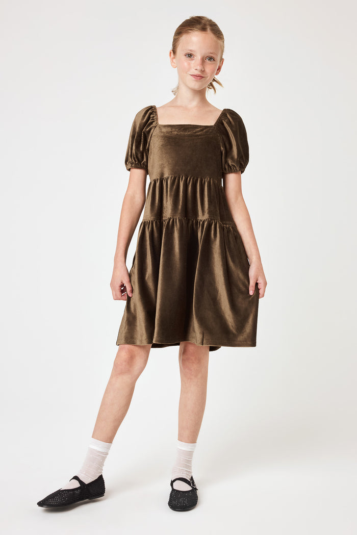 Kids Olive Green Tie Back Velvet Dress - Trixxi Clothing