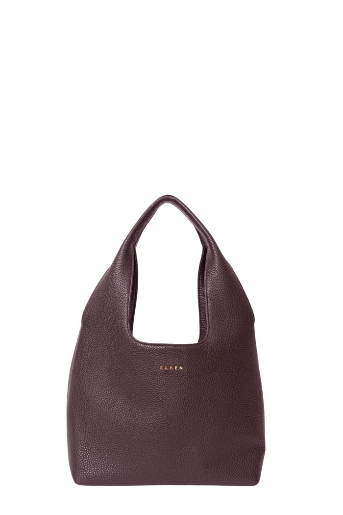 Brown handbag with 'SAGAN' branding on a white background