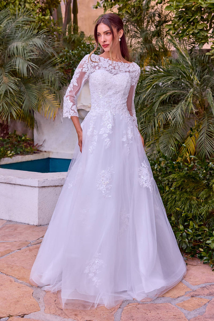 Lace A-Line Bridal Gown with Illusion Neckline & 3/4 Sleeves