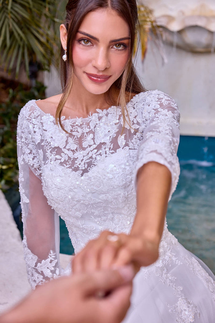 Lace A-Line Bridal Gown with Illusion Neckline & 3/4 Sleeves