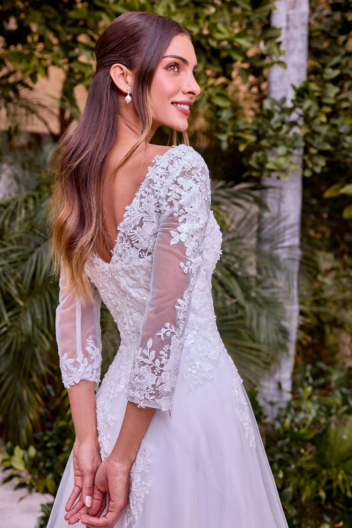 Lace A-Line Bridal Gown with Illusion Neckline & 3/4 Sleeves