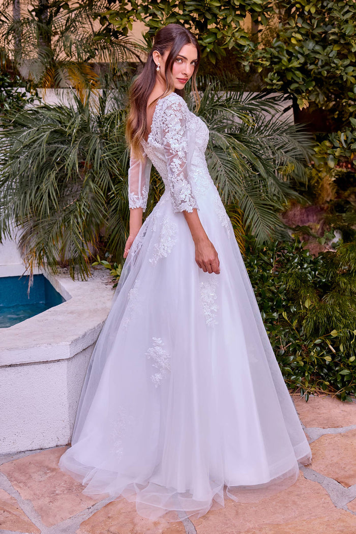 Lace A-Line Bridal Gown with Illusion Neckline & 3/4 Sleeves