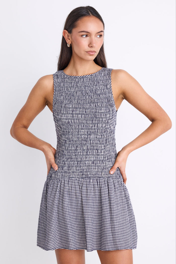 woman wearing navy gingham mini dress