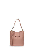 A dusty pink pebbled leather bucket bag with a top handle, a front flap pocket, and a detachable shoulder strap, shown against a plain off-white background.