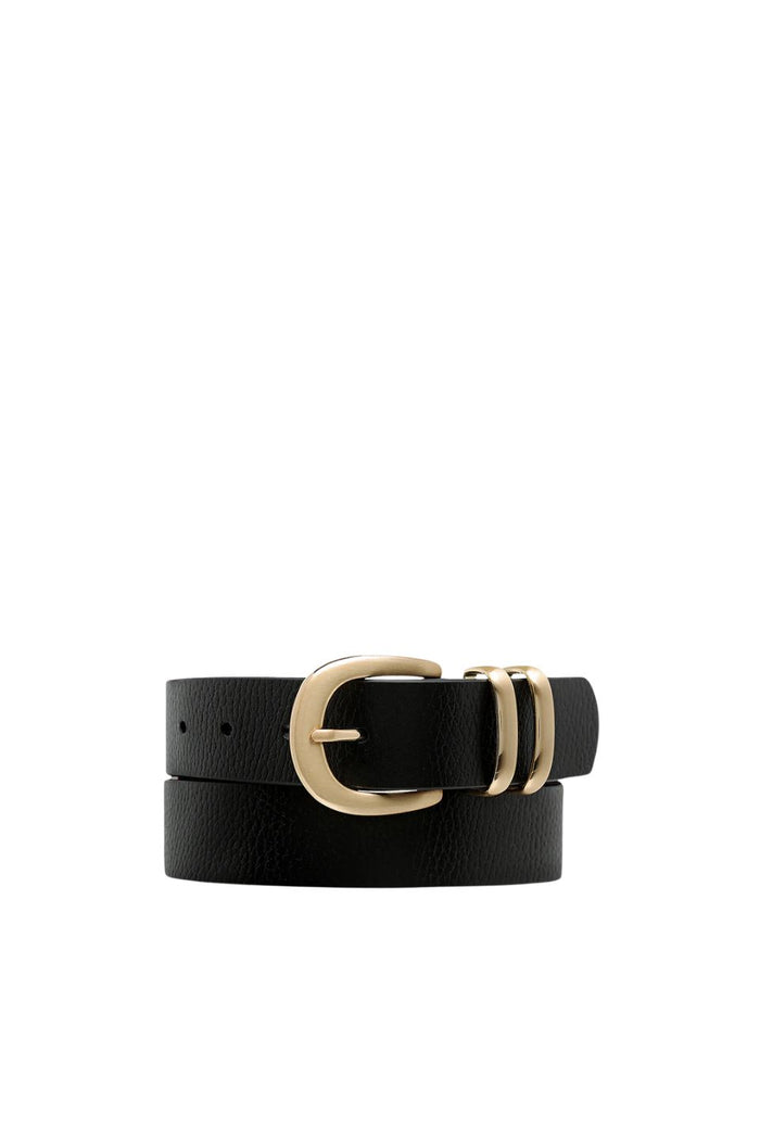 Black belt with a gold buckle on a white background