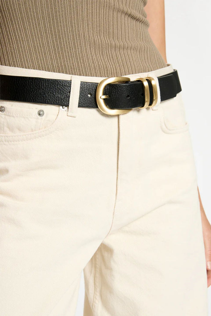 Let It Be Gold Buckle Black Leather Belt