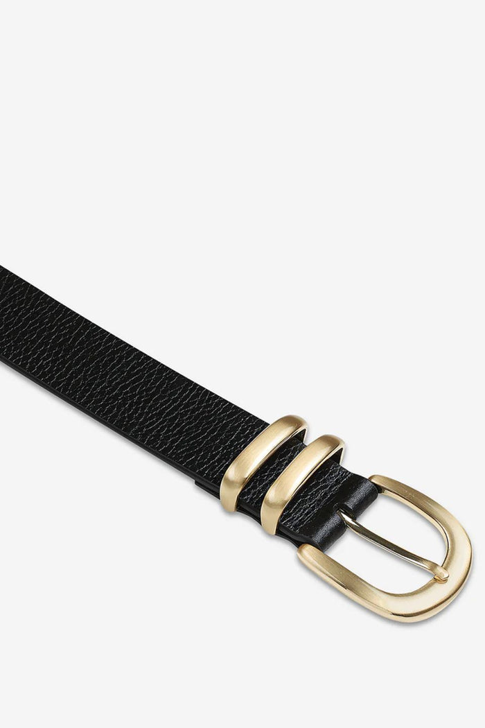 Let It Be Gold Buckle Black Leather Belt