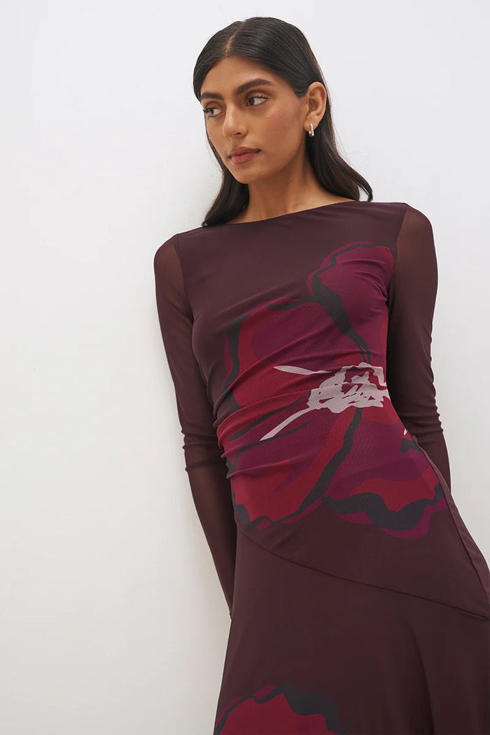 Lima Cherry Floral LS Mesh Maxi Dress
