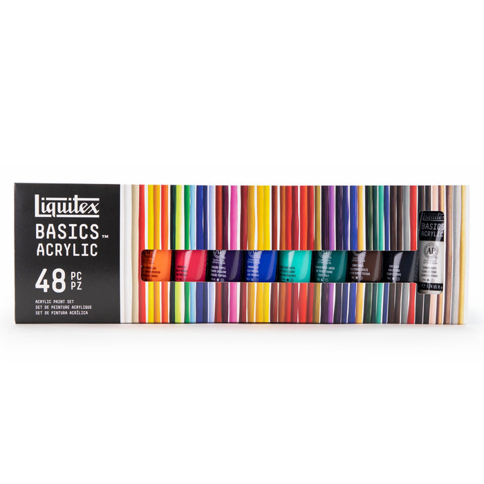 Box of Liquitex Basics Acrylic paint set with colorful stripes on a white background