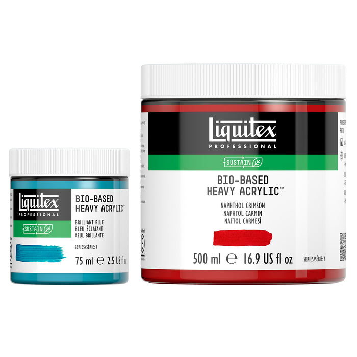 Two jars of Liquitex Professional bio-based heavy acrylic paint on a white background