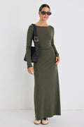 Model wears a khaki long sleeve maxi dress