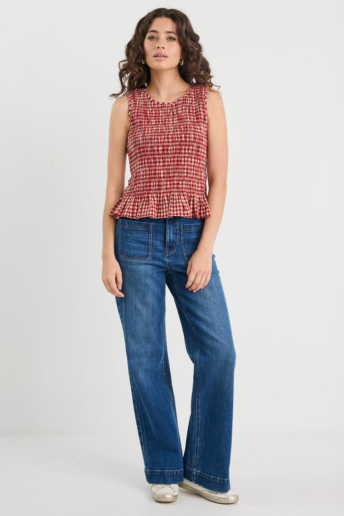 Lonely Red Cream Gingham Shirred Shell Top