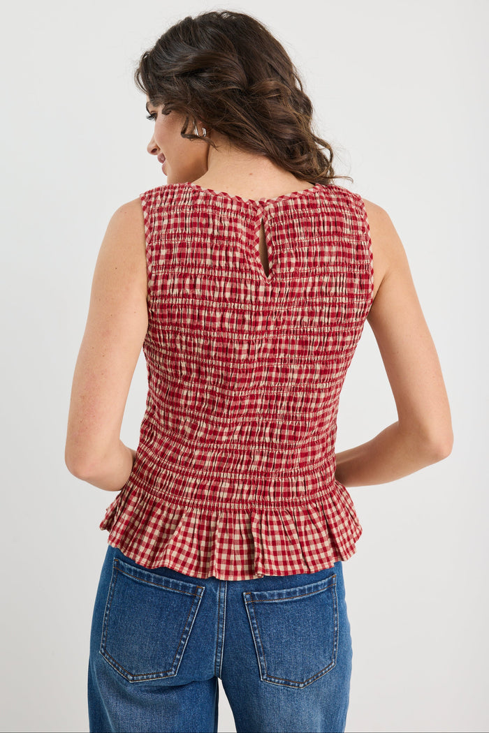 Lonely Red Cream Gingham Shirred Shell Top