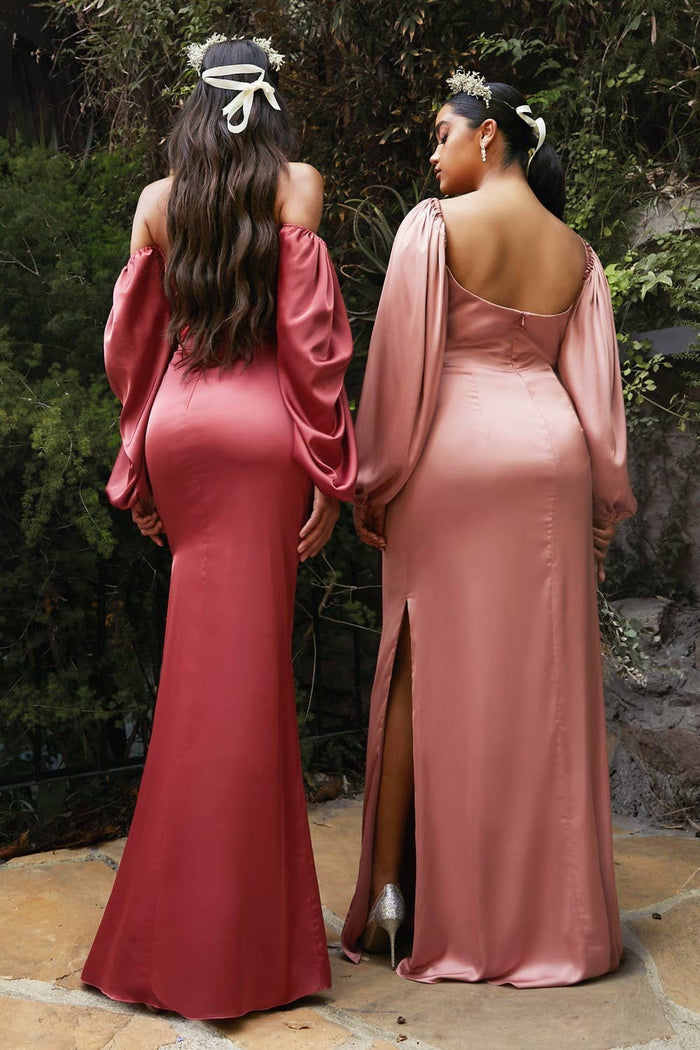Long Sleeve Off Or On The Shoulder Soft Satin Dress