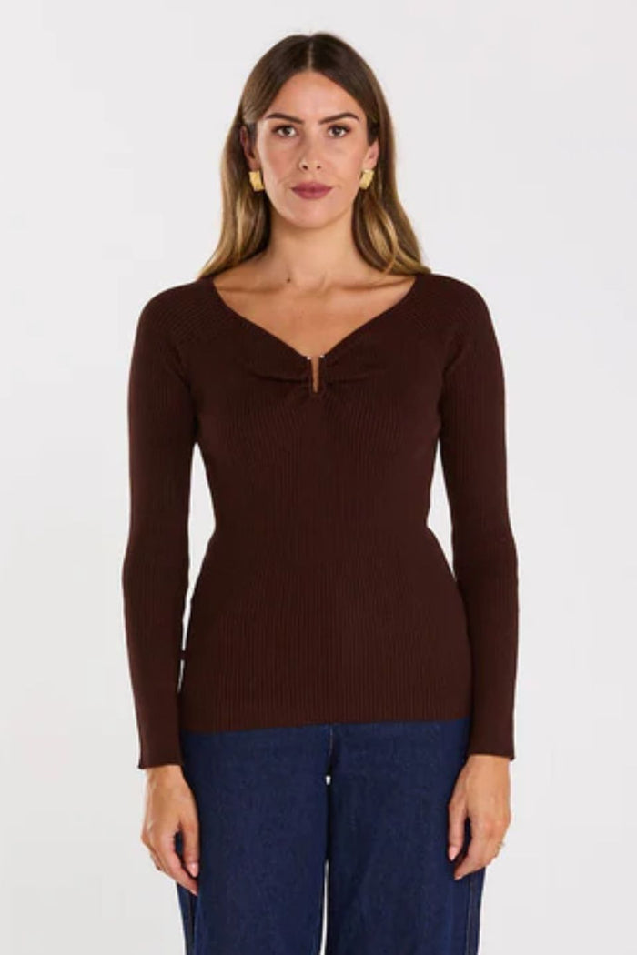 Loop Chocolate Ribbed LS Knit Top