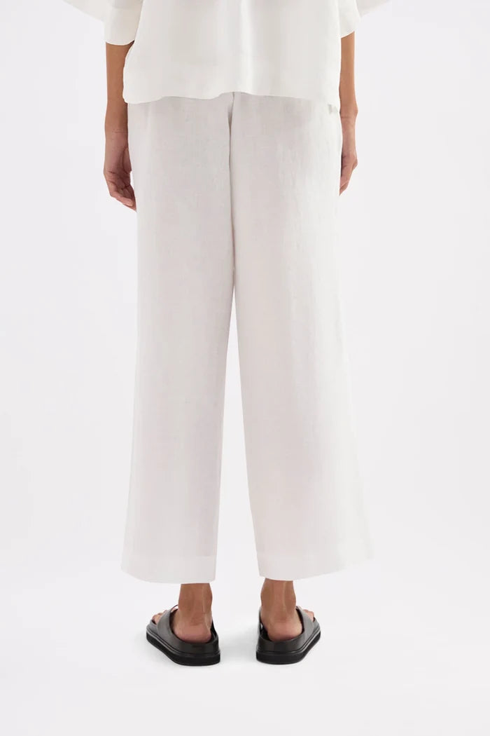 White wide-leg cropped pants shown from the back on a model, paired with a white top and black slide sandals, against a plain white studio background.