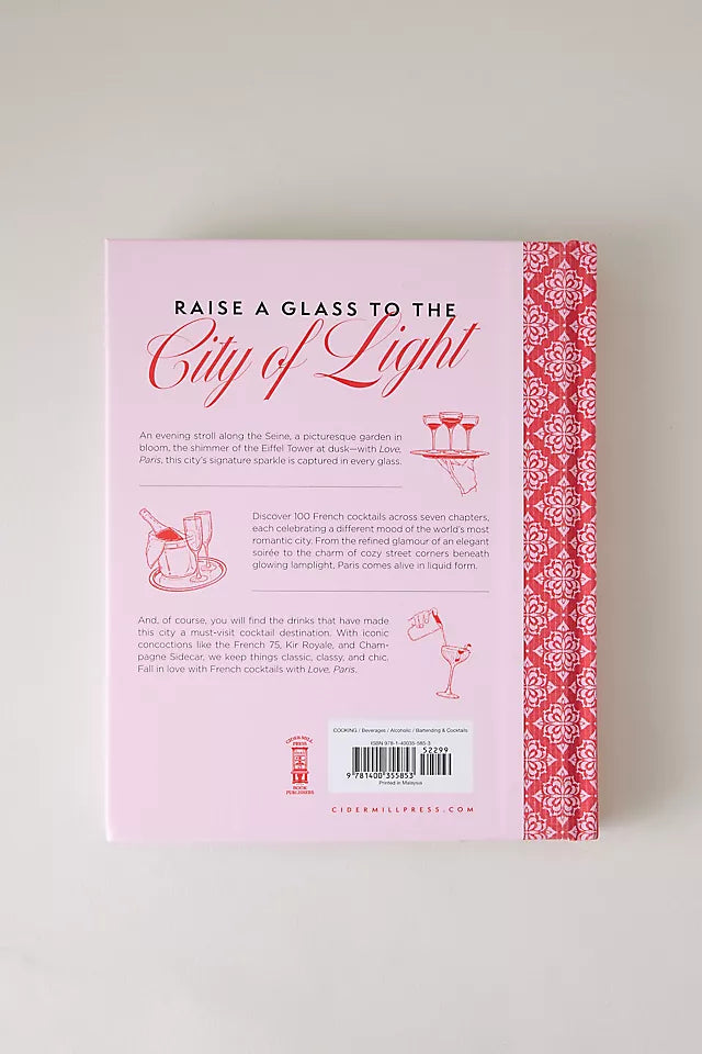 The back cover of a pink book titled 'Raise a Glass to the City of Light' by Chloé Lippé, featuring red script and white text on a light pink background with a red patterned spine band.
