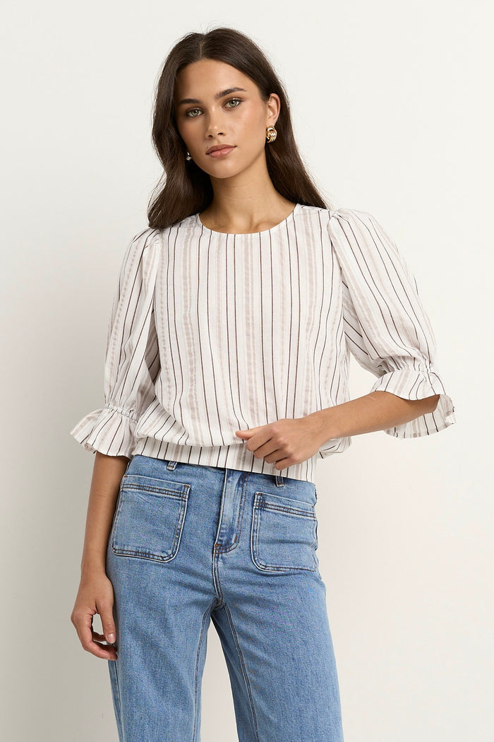 Lovely Chocolate Stripe Shirred Back SS Top