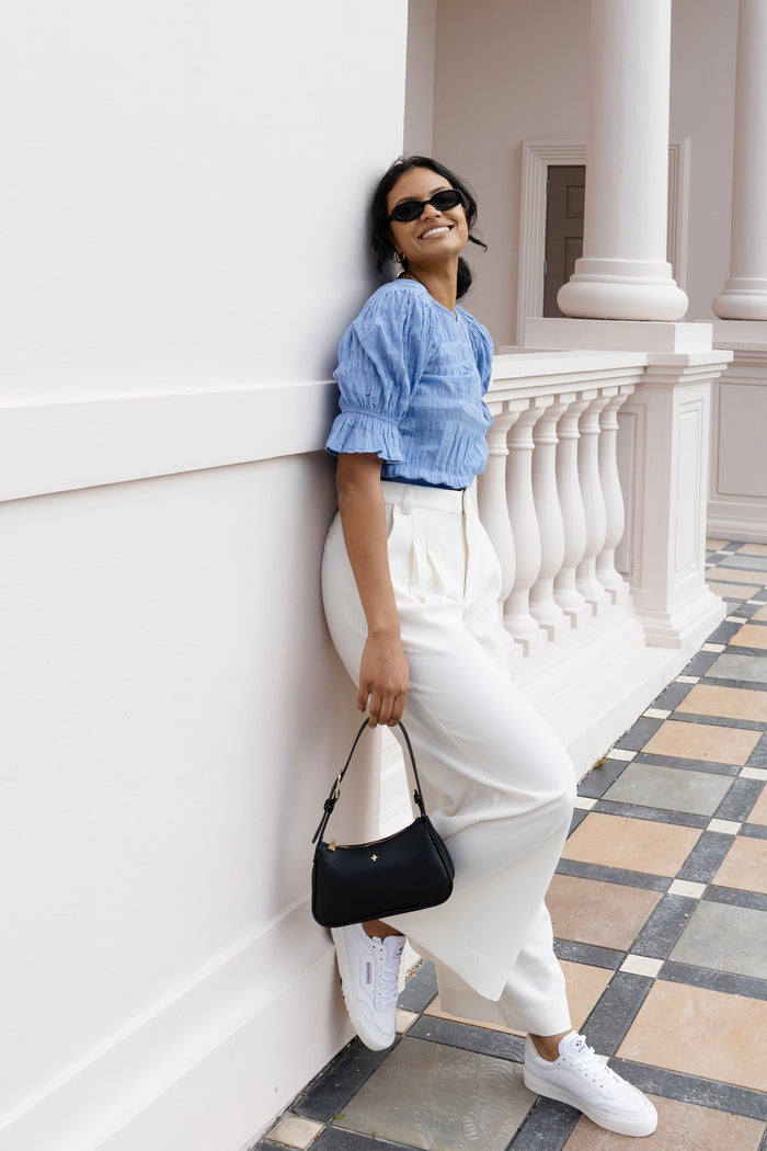 Lovely French Blue Shirred Cotton Stretch Back Ss Top WW Top Ivy + Jack