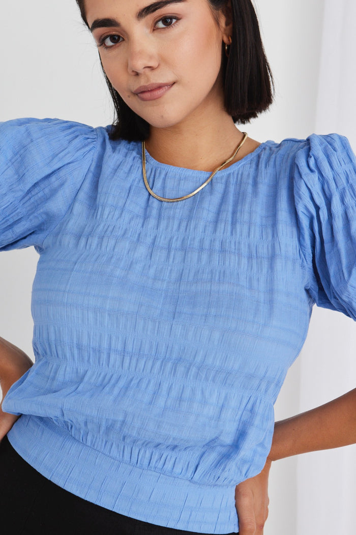 Lovely French Blue Shirred Cotton Stretch Back Ss Top
