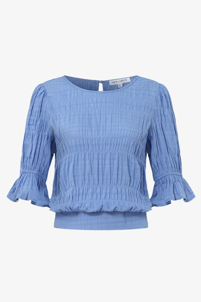 Lovely French Blue Shirred Cotton Stretch Back Ss Top