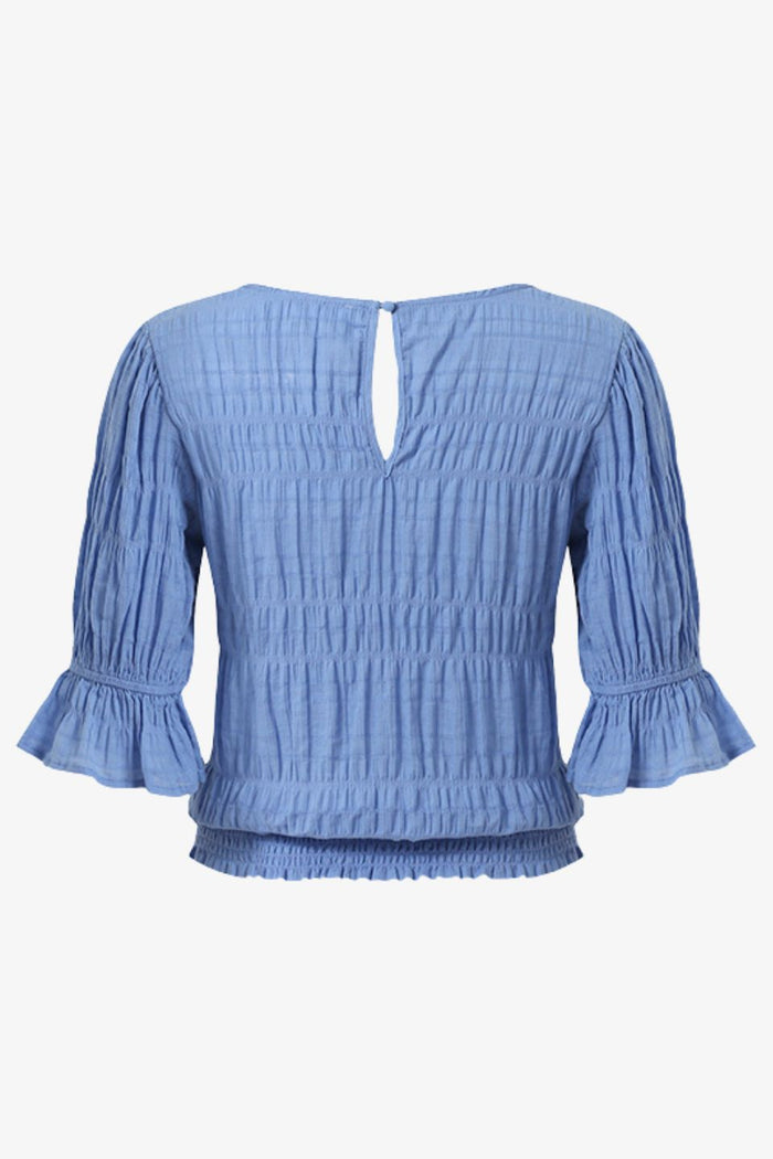 Lovely French Blue Shirred Cotton Stretch Back Ss Top