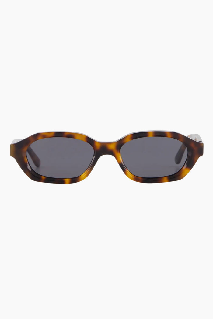 model wears a brown tort sunglass