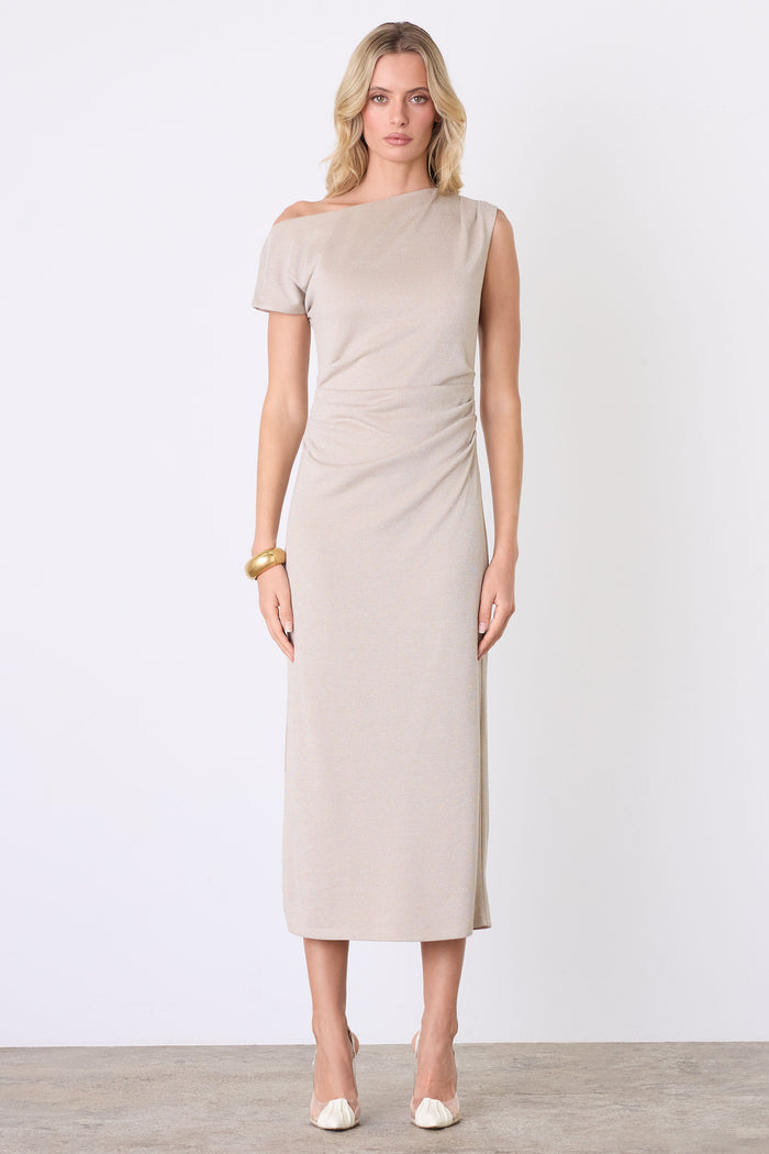 Lunar Gold Metallic Off Shoulder Midi Dress