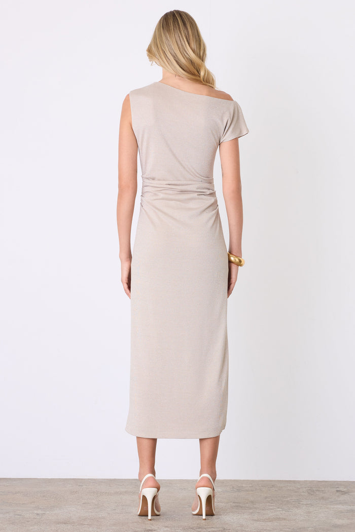 Lunar Gold Metallic Off Shoulder Midi Dress