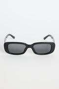Glossy black rectangular sunglasses with dark tinted lenses, photographed on a white background.