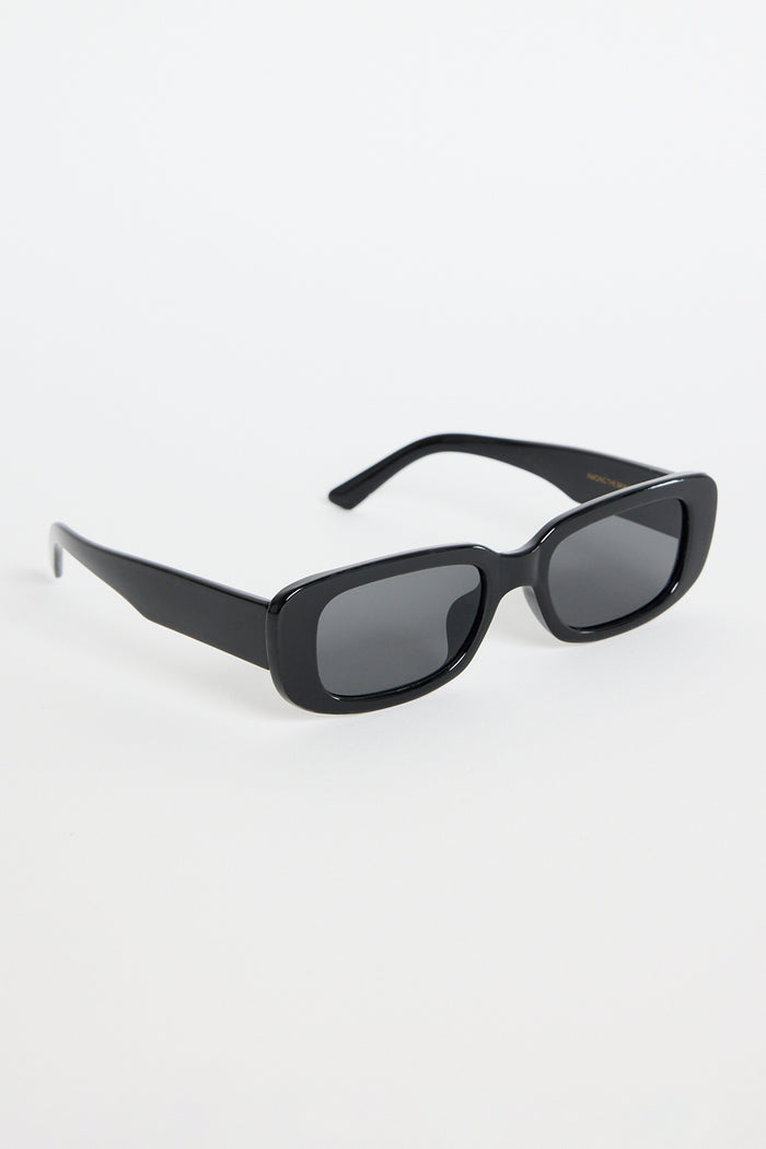 Glossy black rectangular sunglasses with dark tinted lenses, photographed on a white background.