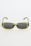 Rectangular translucent olive sunglasses with dark tinted lenses, photographed on a white background