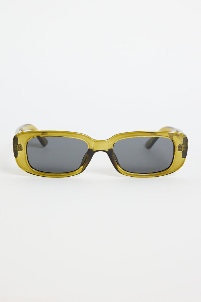 Rectangular translucent olive sunglasses with dark tinted lenses, photographed on a white background