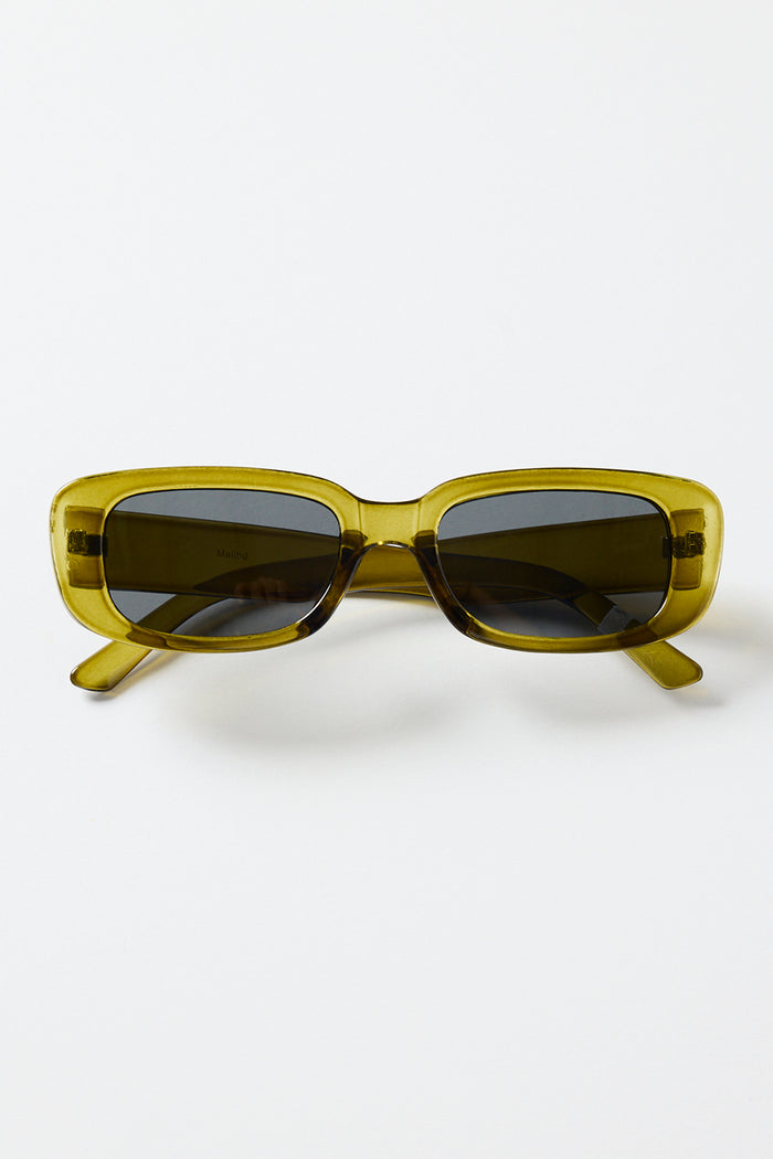 Rectangular translucent olive sunglasses with dark tinted lenses, photographed on a white background