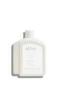 White lotion bottle with 'al.ive' branding on a white background