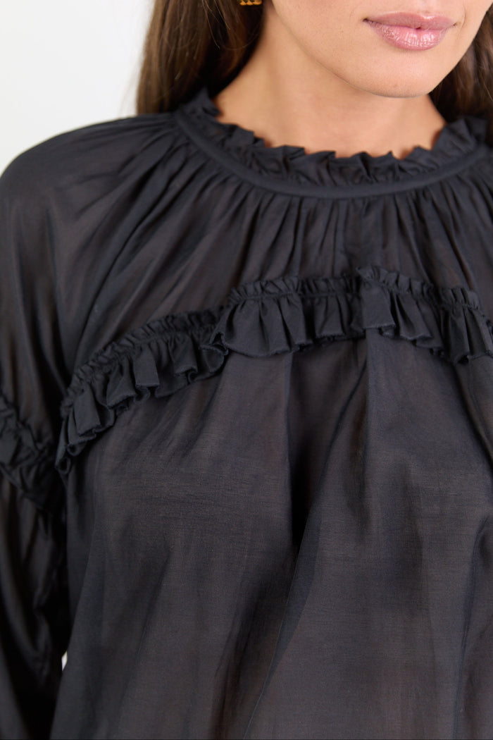 Women wearing black long sleeved blouse.