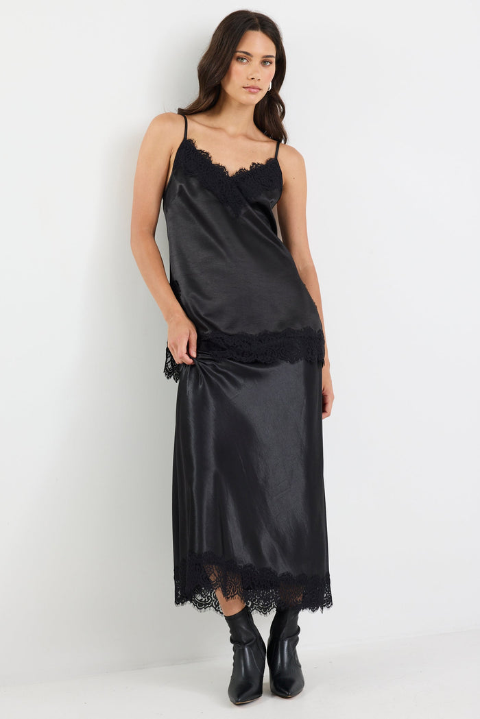 Margarita Black Satin Lace Trim Bias Maxi Skirt