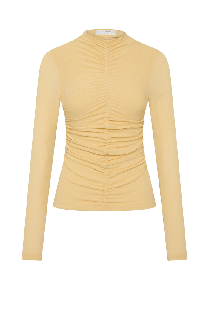 Yellow ruched long-sleeve top on a white background
