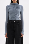 Marti Nickel Blue Ruched Front LS Mesh Top