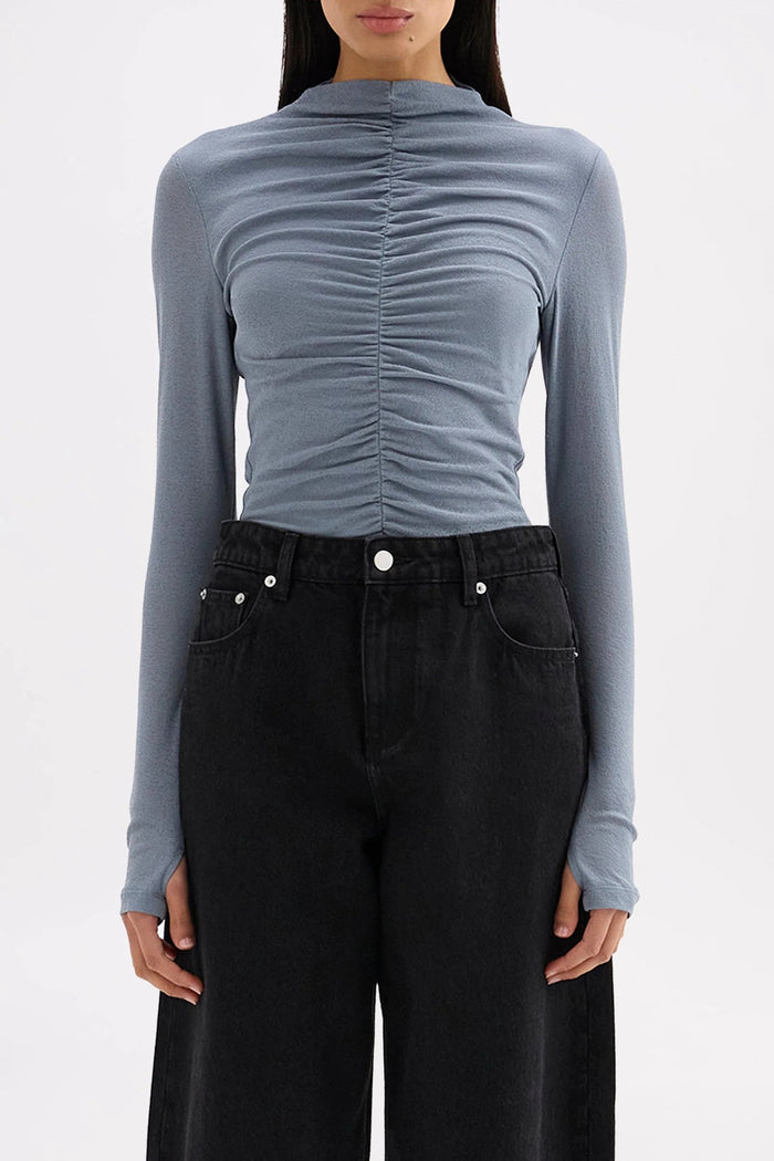 Marti Nickel Blue Ruched Front LS Mesh Top
