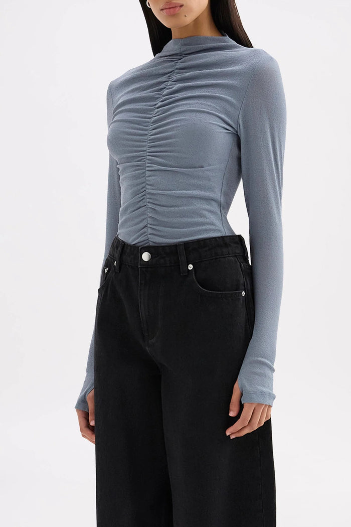Marti Nickel Blue Ruched Front LS Mesh Top