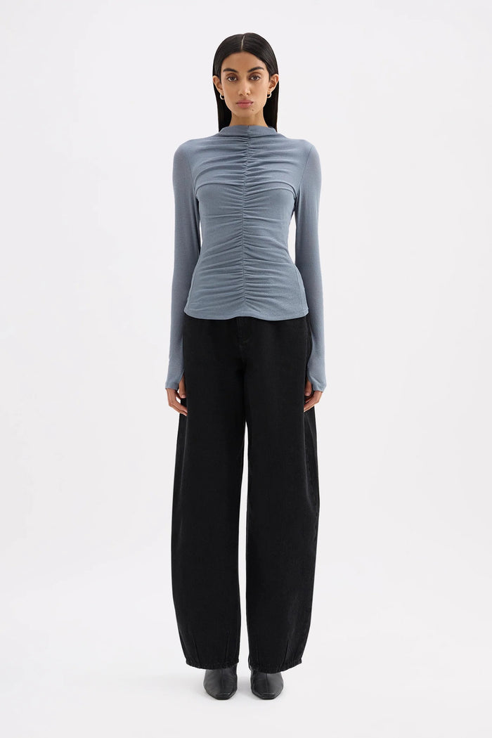 Marti Nickel Blue Ruched Front LS Mesh Top