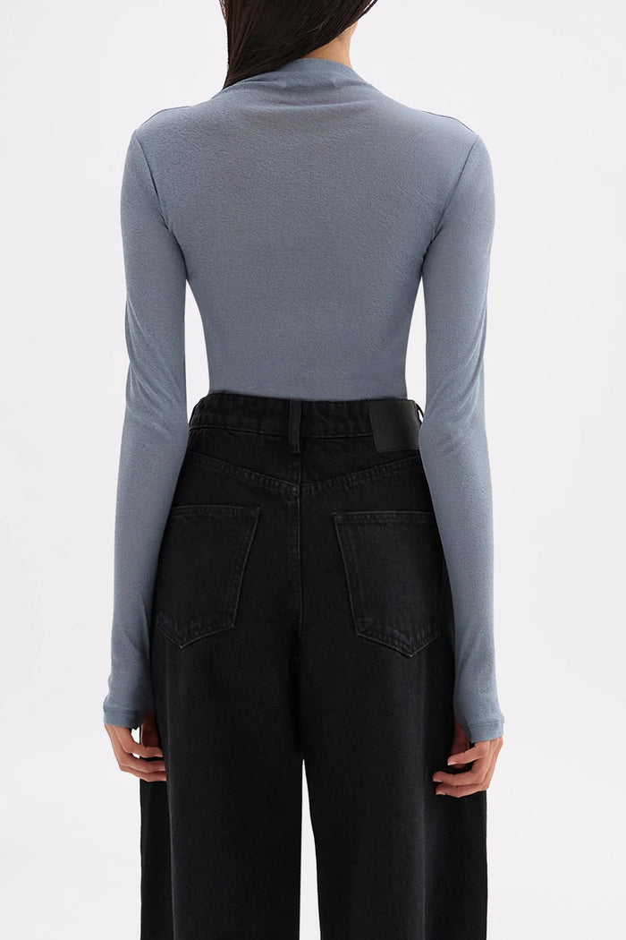 Marti Nickel Blue Ruched Front LS Mesh Top