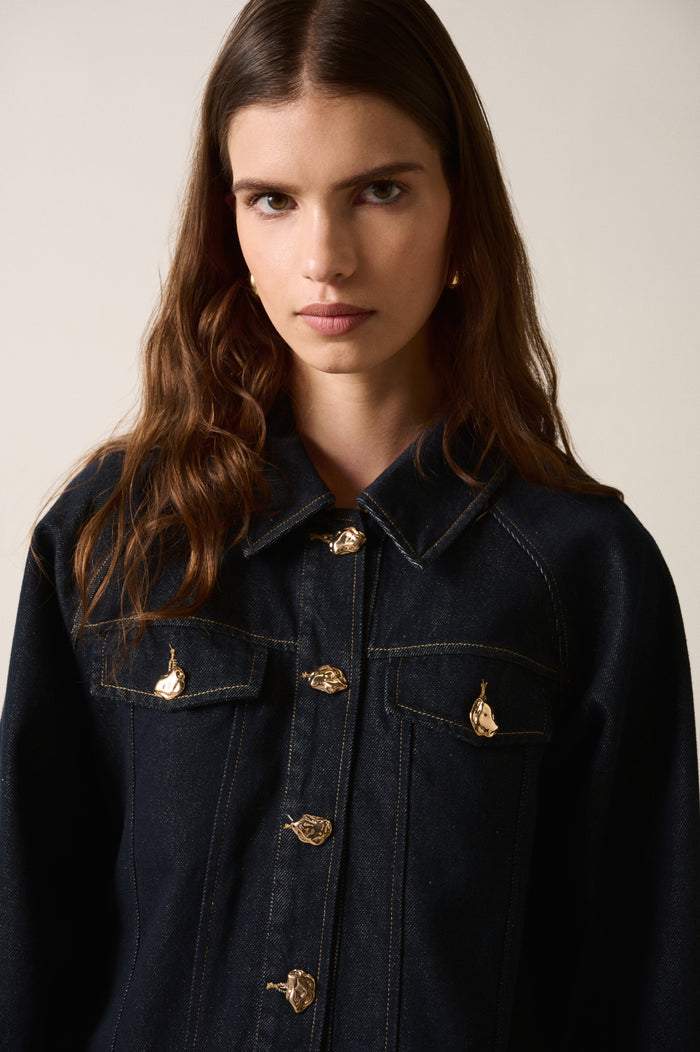 Memphis Dark Indigo Denim Gold Feature Button Denim Jacket