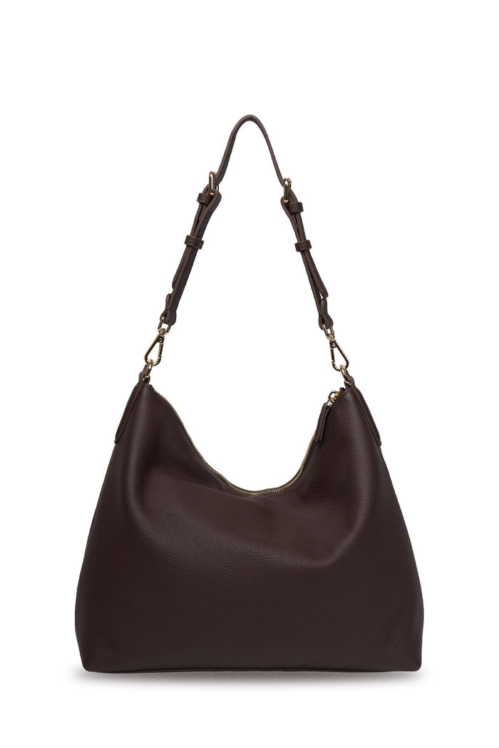 Brown handbag with a chain strap on a white background