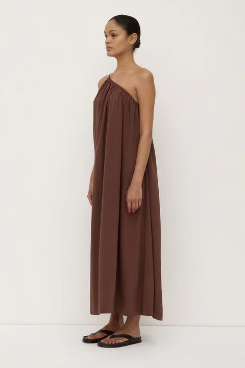 Mila Espresso Asymmetrical One Shoulder Maxi Dress