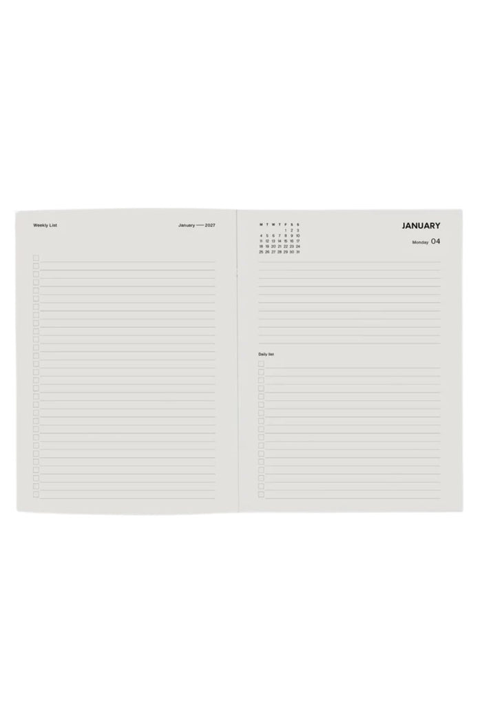 An open two-page planner or calendar pad showing blank lined writing areas and a January calendar header on a plain white background.