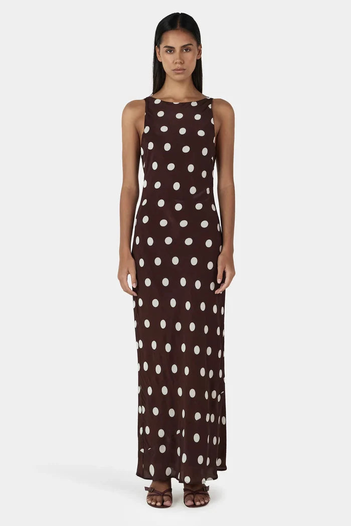 model wearing a brown and white polka dot dress