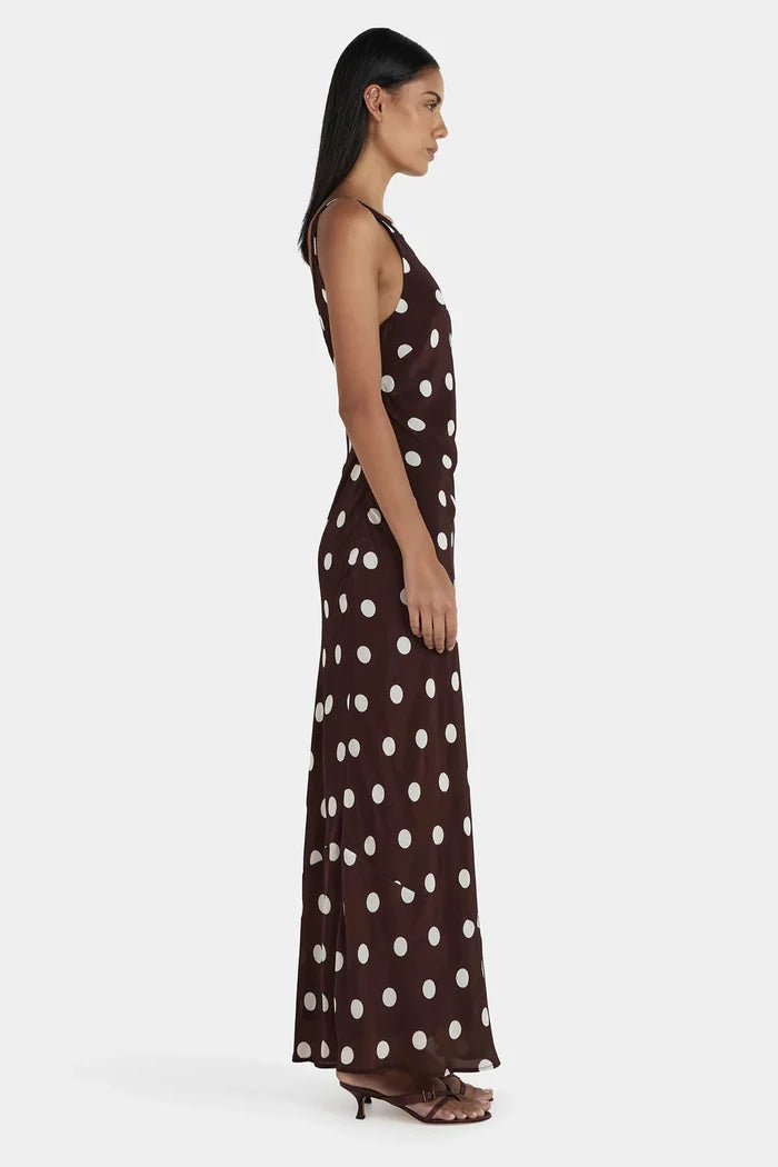 model wearing a brown and white polka dot dress